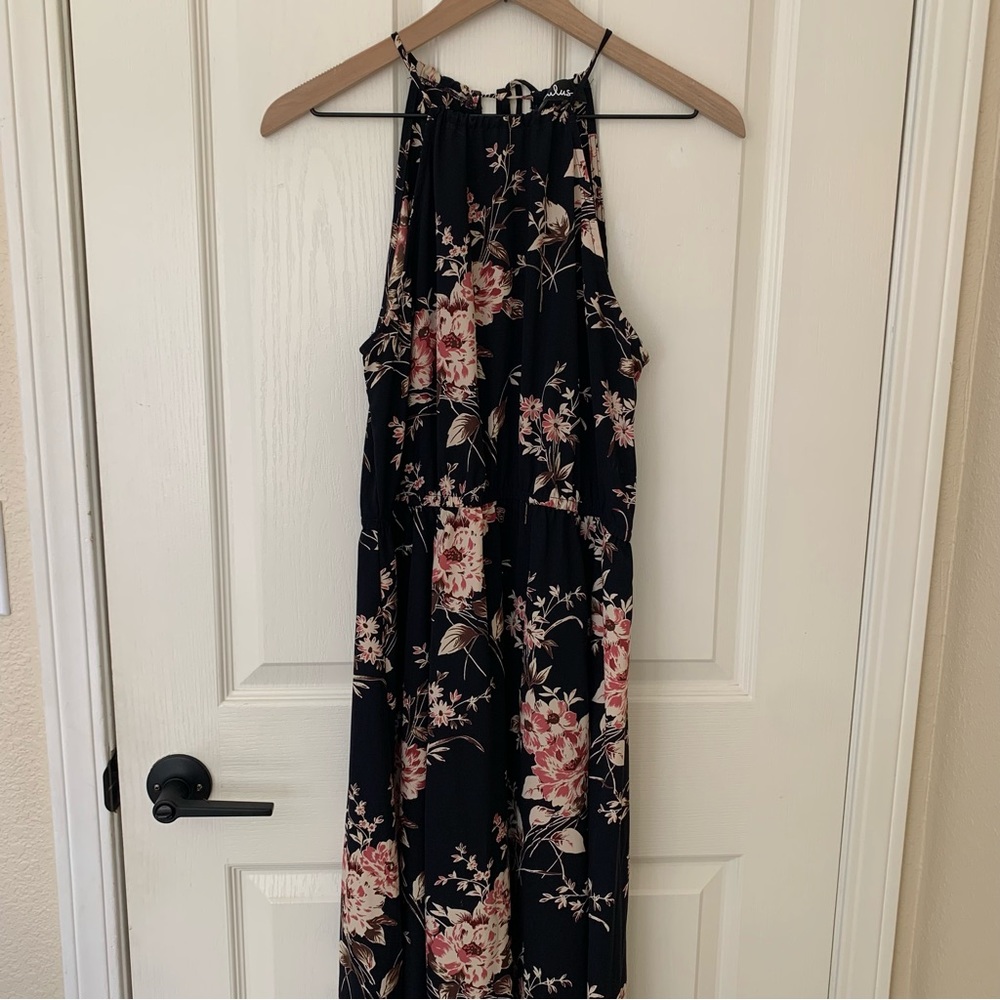 Lulus Feel the Music Midnight Blue Floral Print Maxi Dress Large
